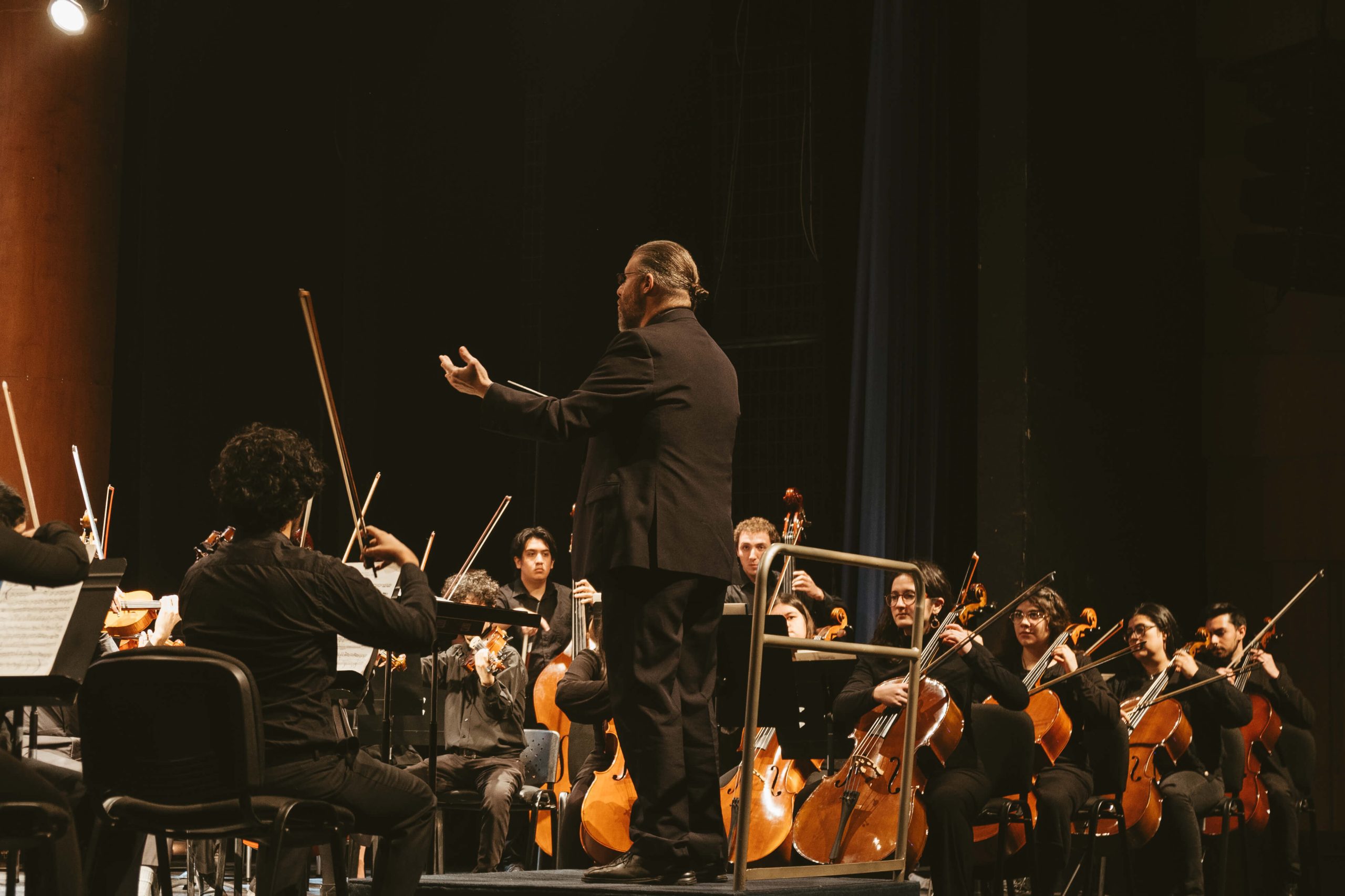 Orquesta y director en concierto.