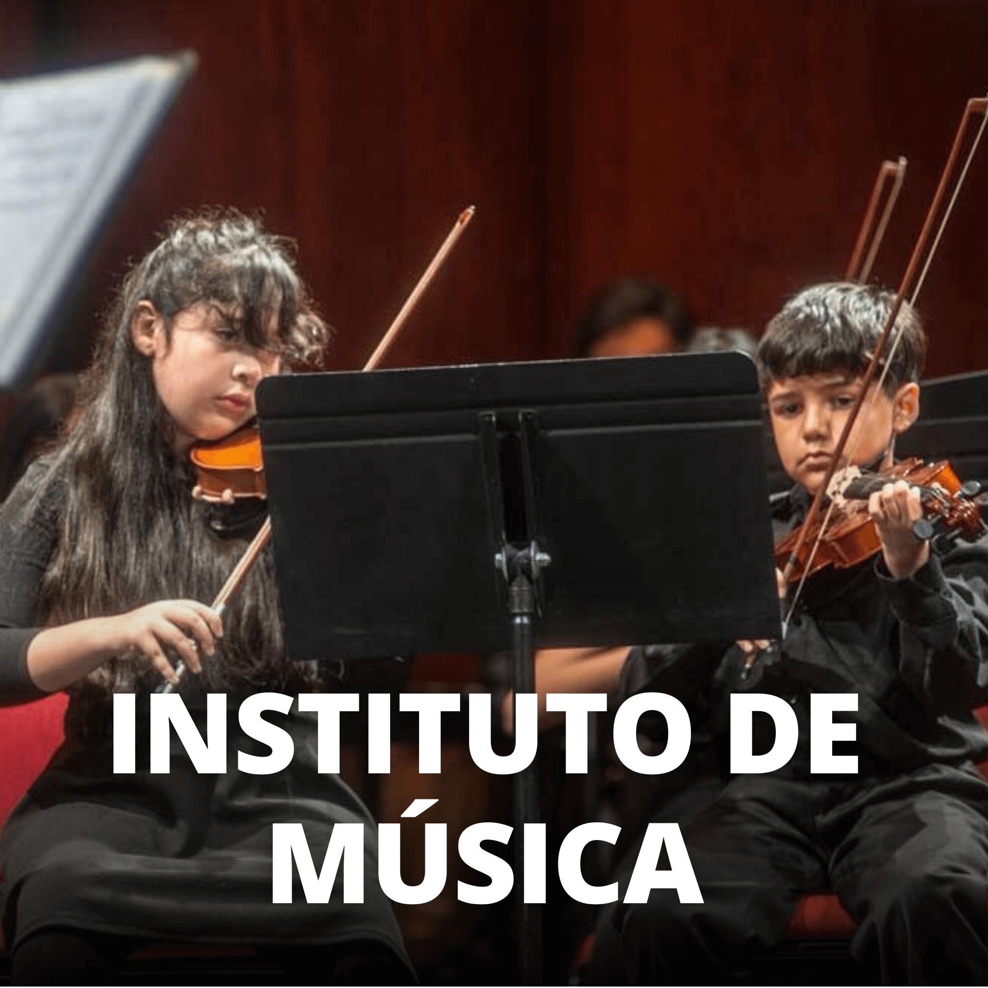 Un niño y una niña tocando violín frente a un atril. Al centro se lee "Instituto de Música"