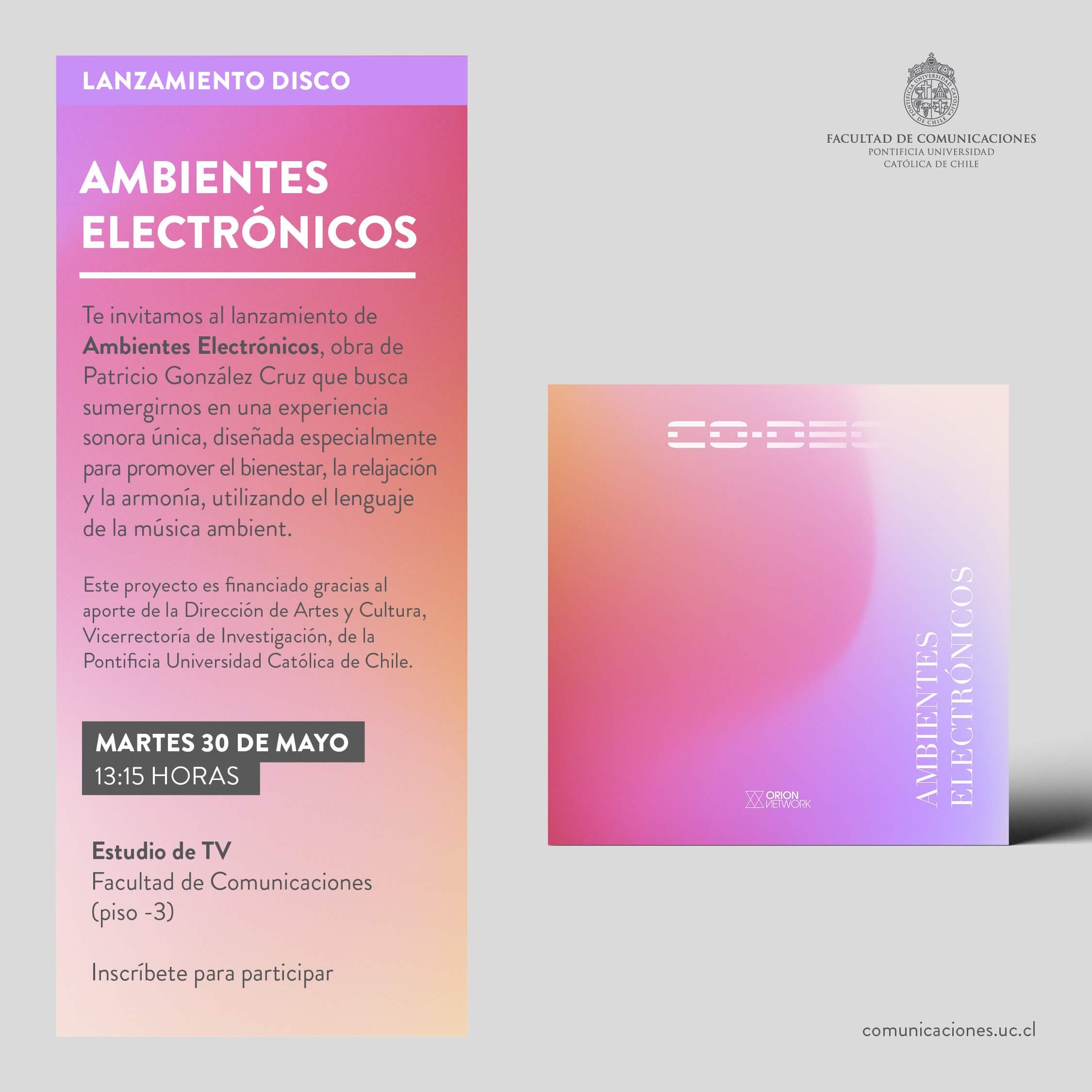 Afiche que anuncia el lanzamiento del disco "Ambientes electrónicos". La carátula del disco visible es de degradados rosas