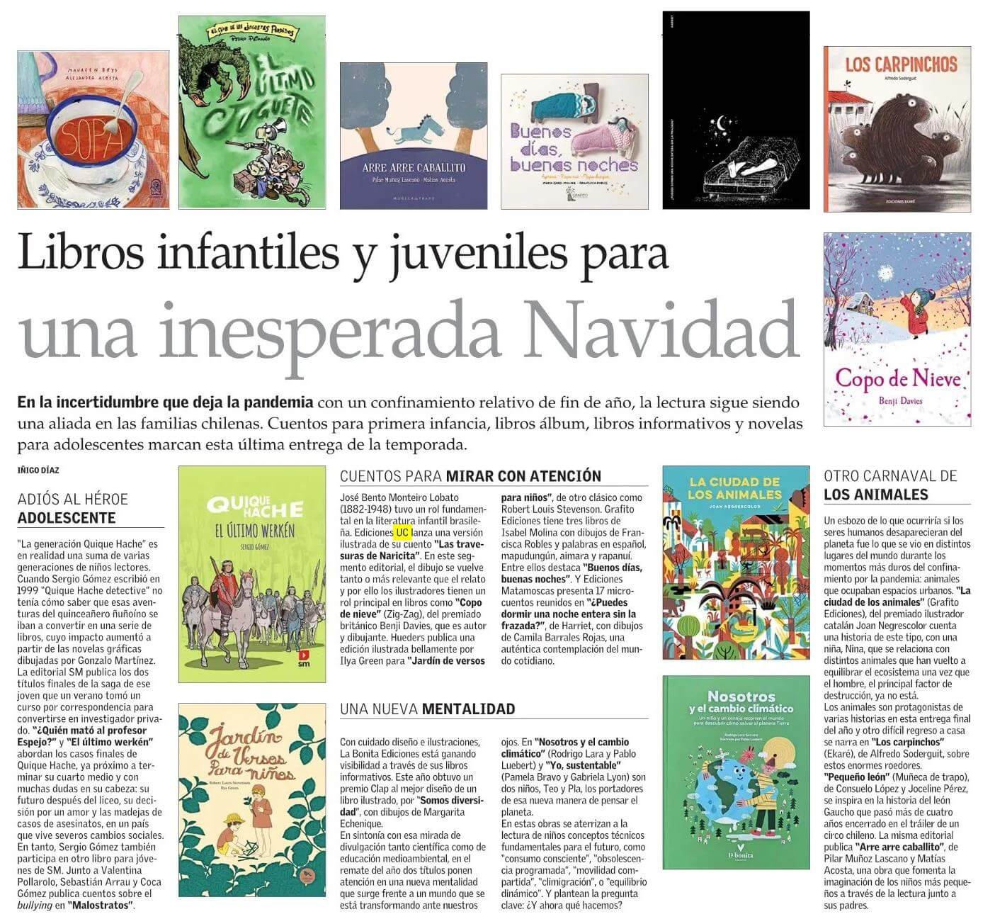 Nota en el diario El Mercurio que anuncia: libros infantiles y juveniles para una inesperada Navidad.